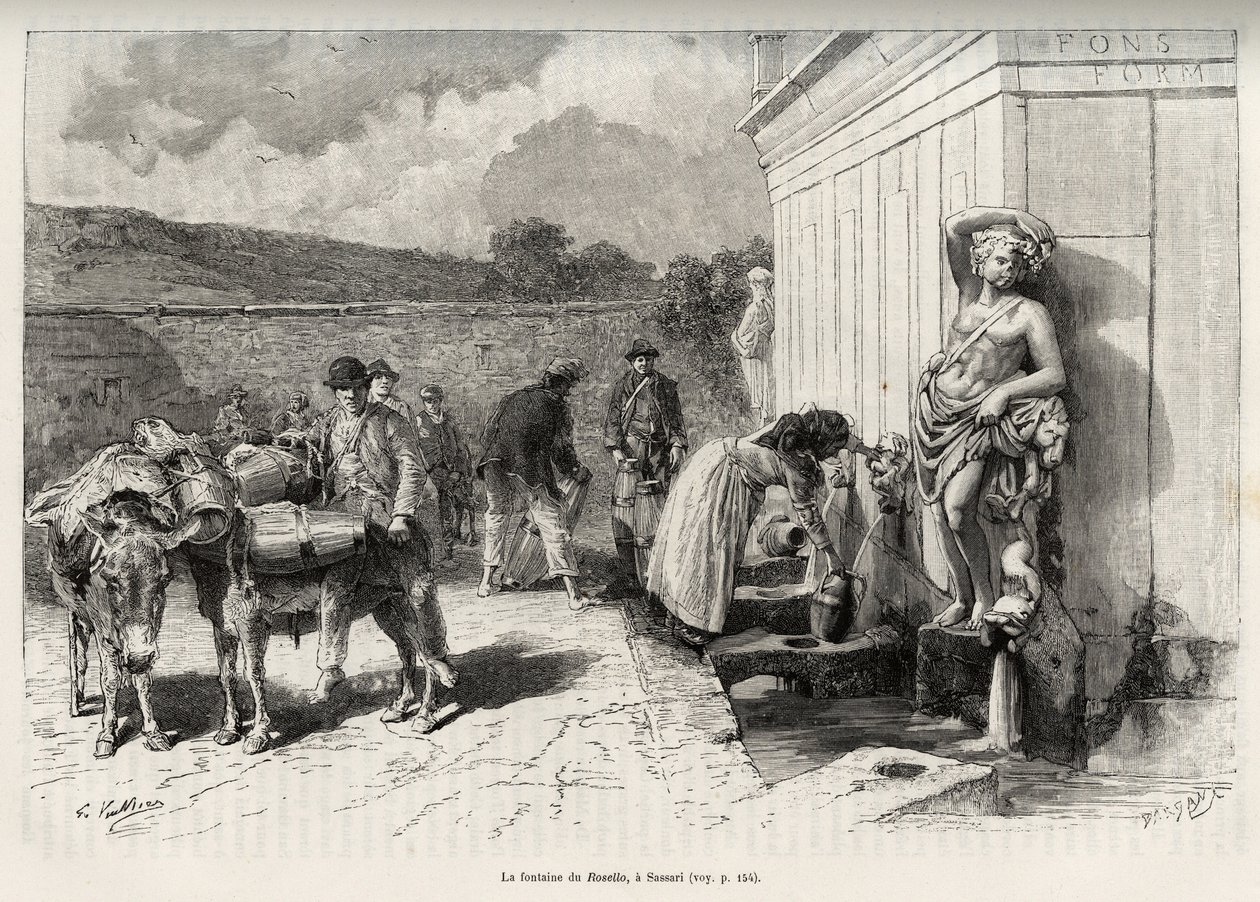 The fountain of the Rossello, in Sassari (Italy). Daily activities, woman filling a criche and water bearers with their donkeys, filling their barrels. Engraving and story 