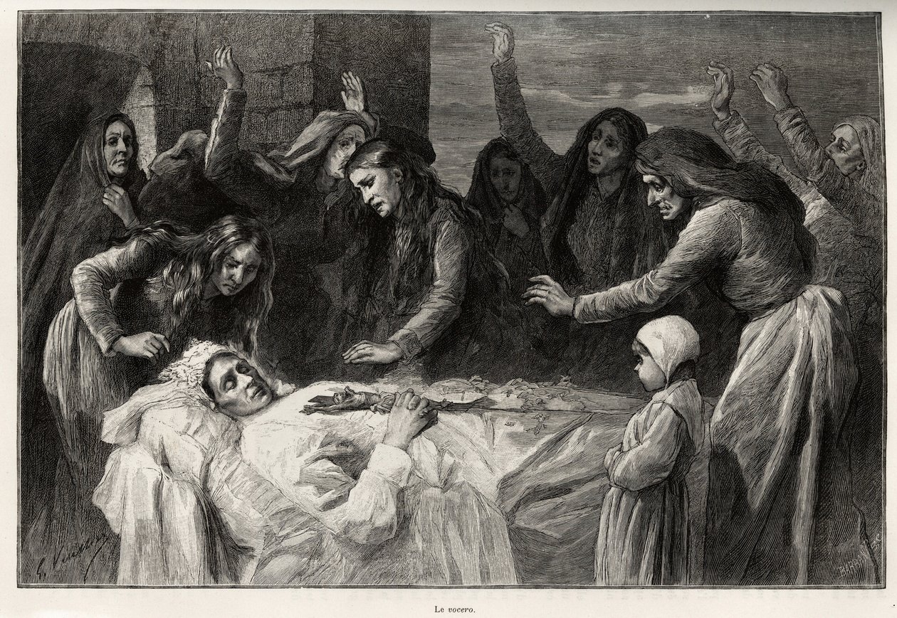 The vocero, Corsican funebre song calling for revenge. Engraving and story La Corse by Gaston Vuillier by Gaston Vuillier