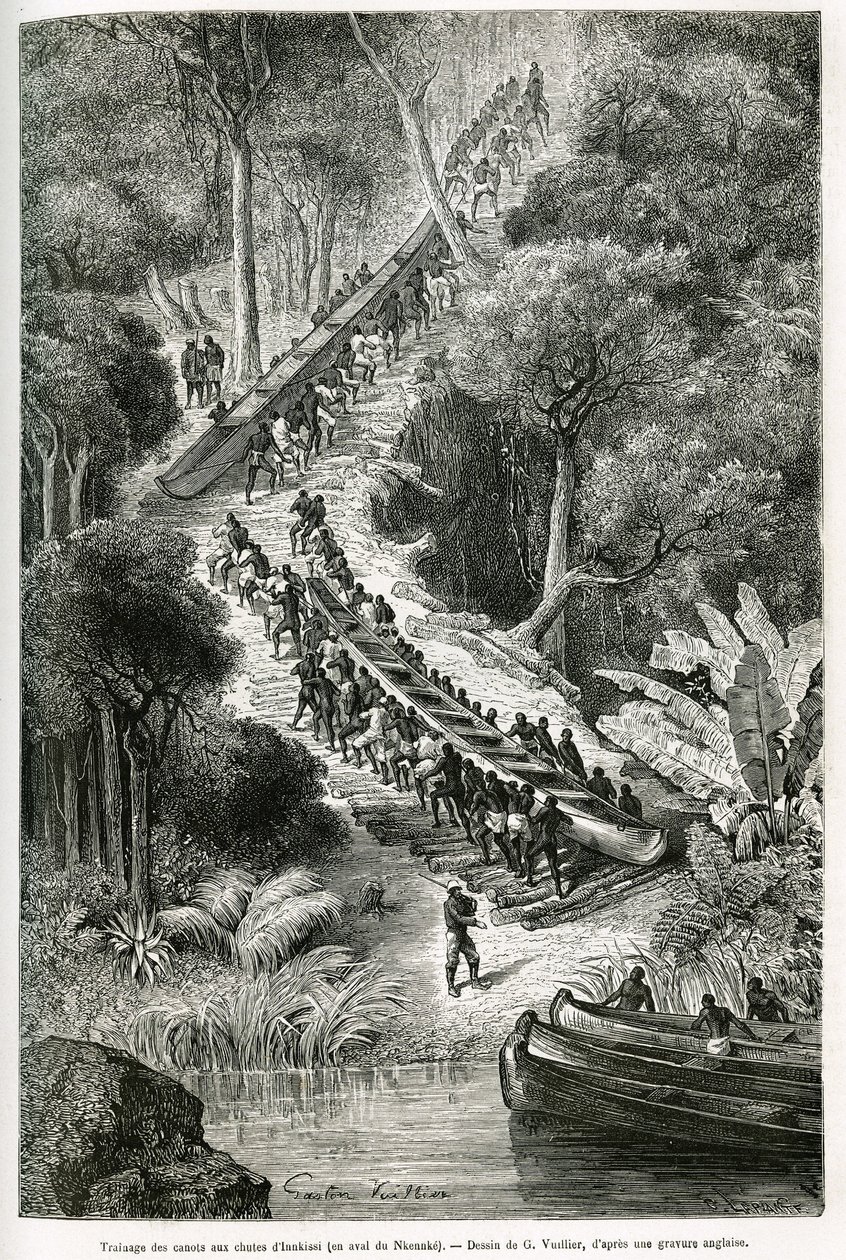 Tragging canoes at Innkissi Falls (or Livingstone Falls) (Congo), under the direction of Sir H.M.Stanley (1841-1904), drawing by G.Vuillier, to illustrate the story Through the Mysterious Continent, a voyage made between 1874-1877, by Sir H.M.Stanley. Engr by Gaston Vuillier