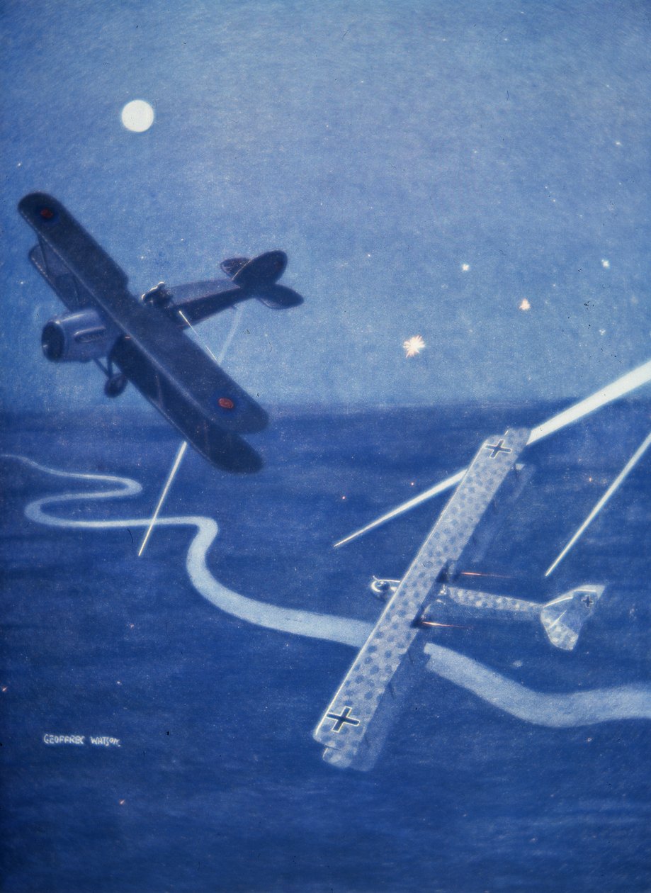Bristol fighter attacks German Gotha bomber over London by night by Geoffrey Watson