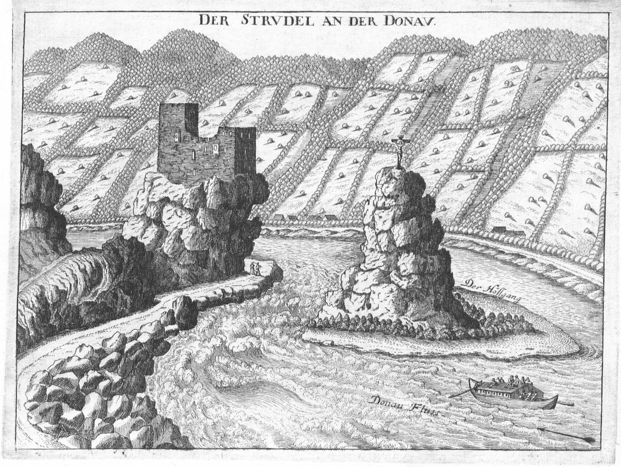 Engraving, View of Werfenstein Castle, and the Wörth Island, Upper Austria by Georg Matthaus Vischer
