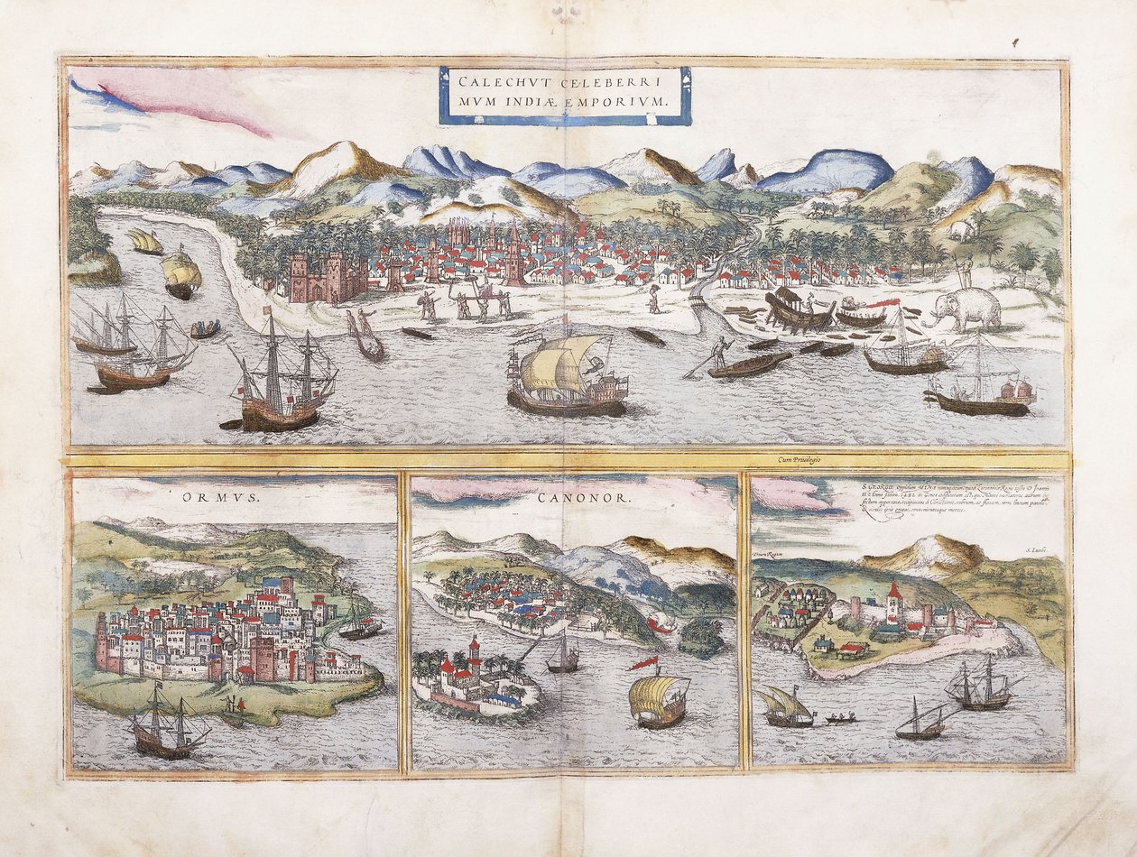 View of Calcutta, India, and beneath smaller views of Ormuz at the entrance of the Persian Gulf, Canonor in India, and the Portuguese fortress of El Mina in West Africa by Georg Braun