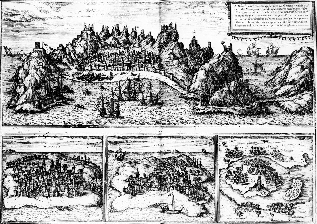 Views of Aden, Mombaza, Quiloa and Cefala, from Georg Braun