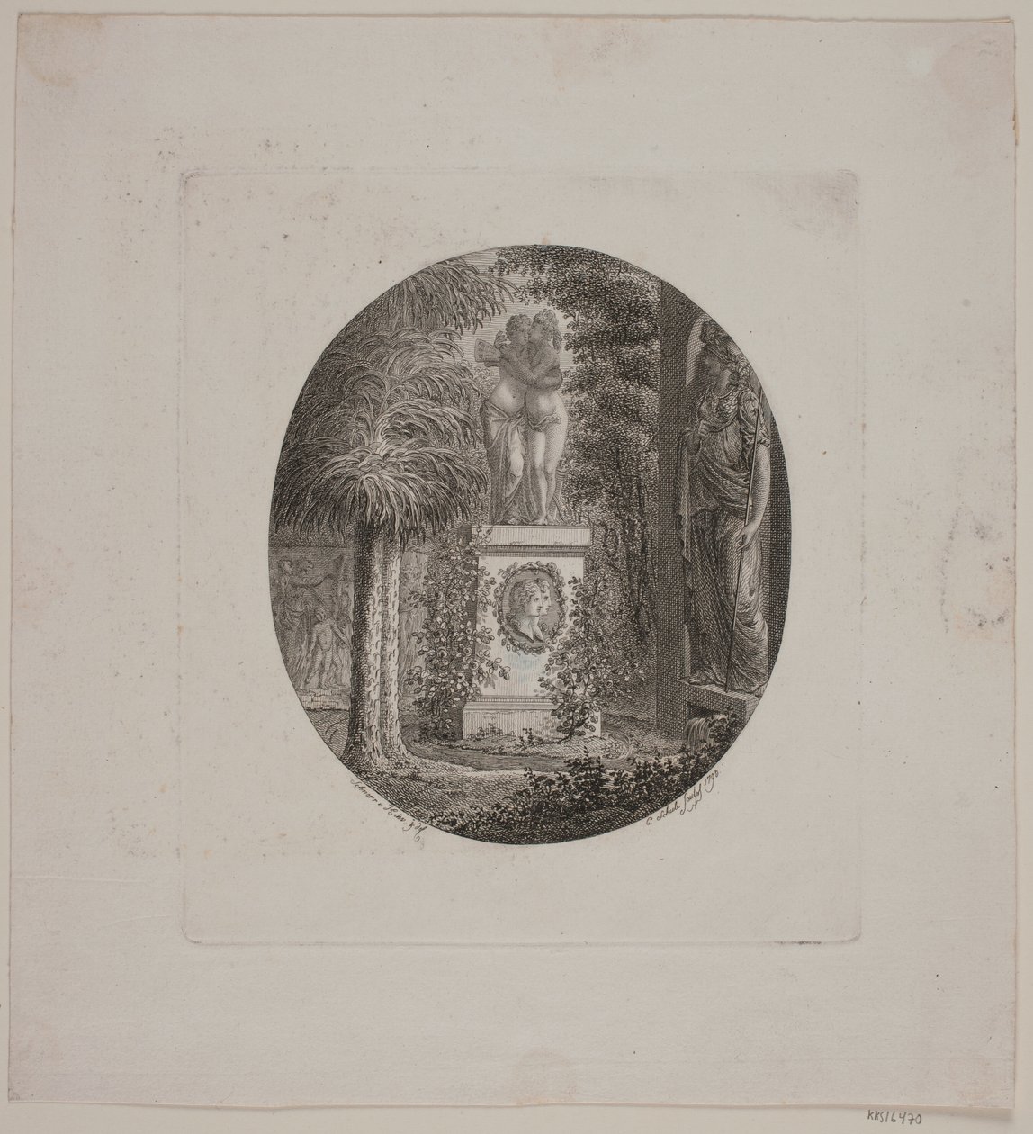 Pedestal with Amor and Psyche and another sculpture in a garden by Georg Christian Schule