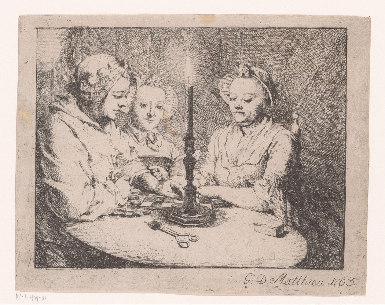 Ladies Playing Checkers by Candlelight by Georg David Matthieu