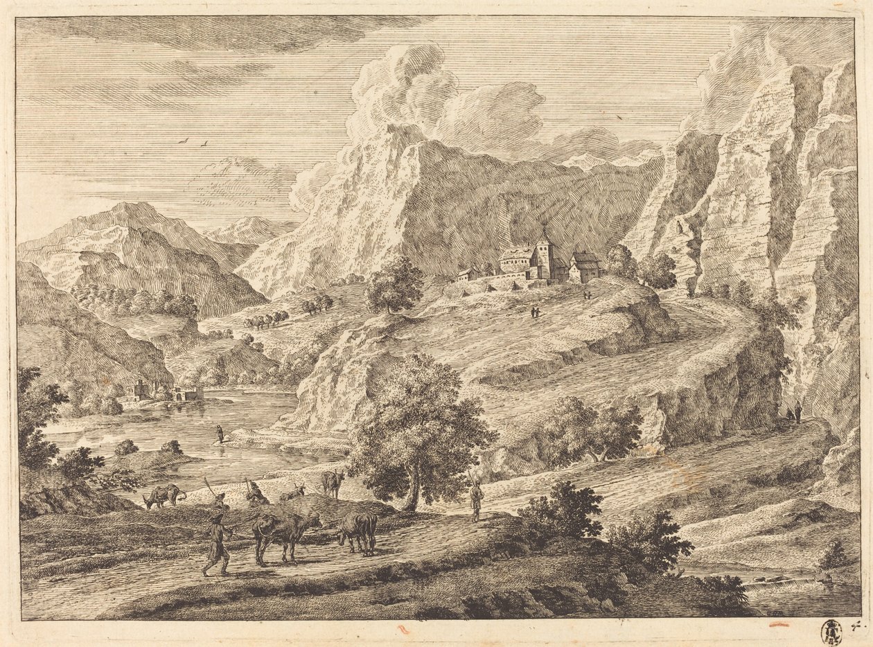 Mountainous Landscape with Figures and a Monastery by Georg Eisenmann