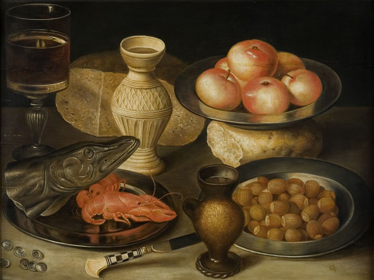 Still life with Siegburg stoneware jug, glass, knife, two loaves, Early 17th century by Georg Flegel