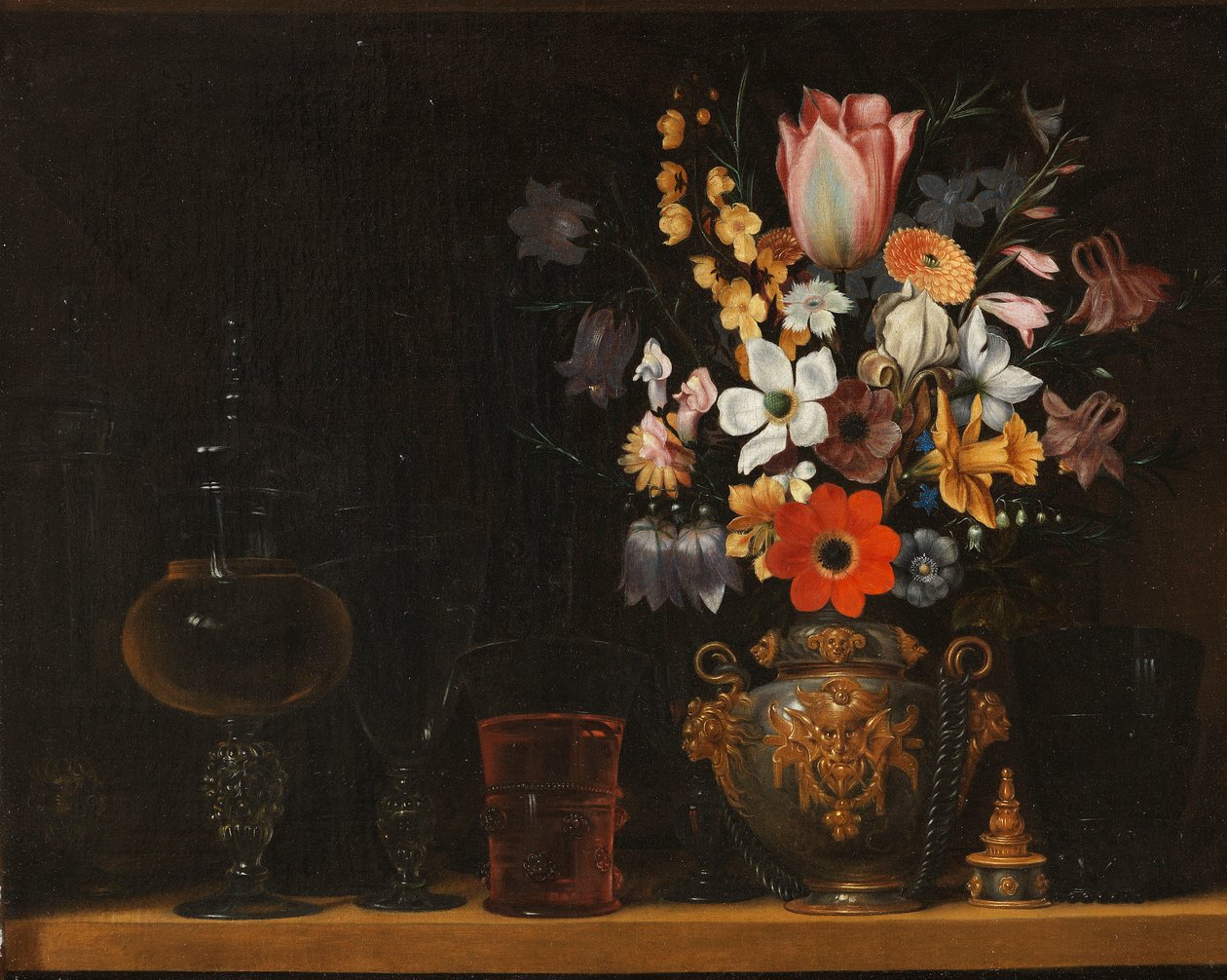 Still life with a bouquet of flowers and glass goblets by Georg Flegel