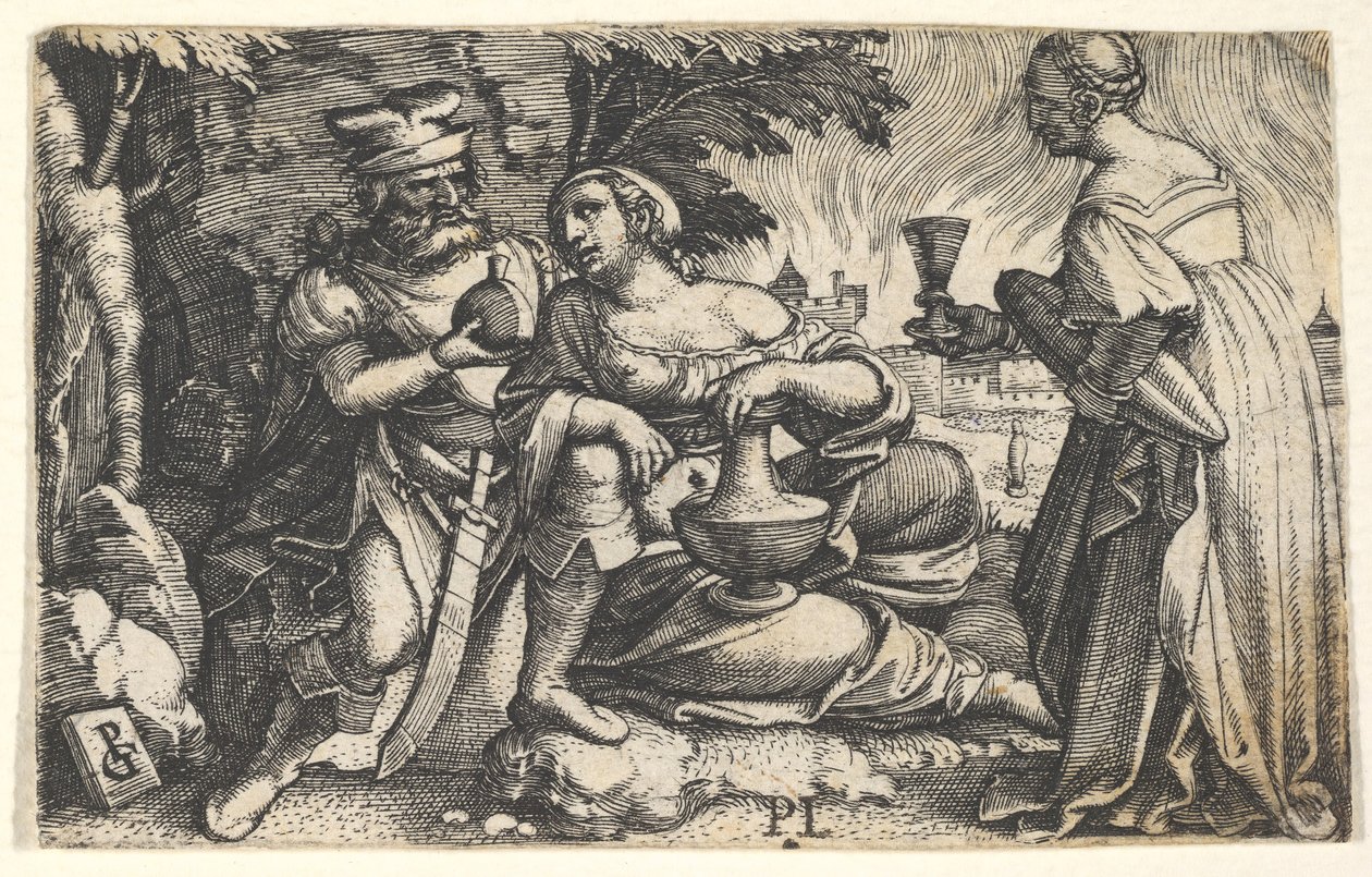 Lot and his daughters: a daughter at center rests her right arm on Lot