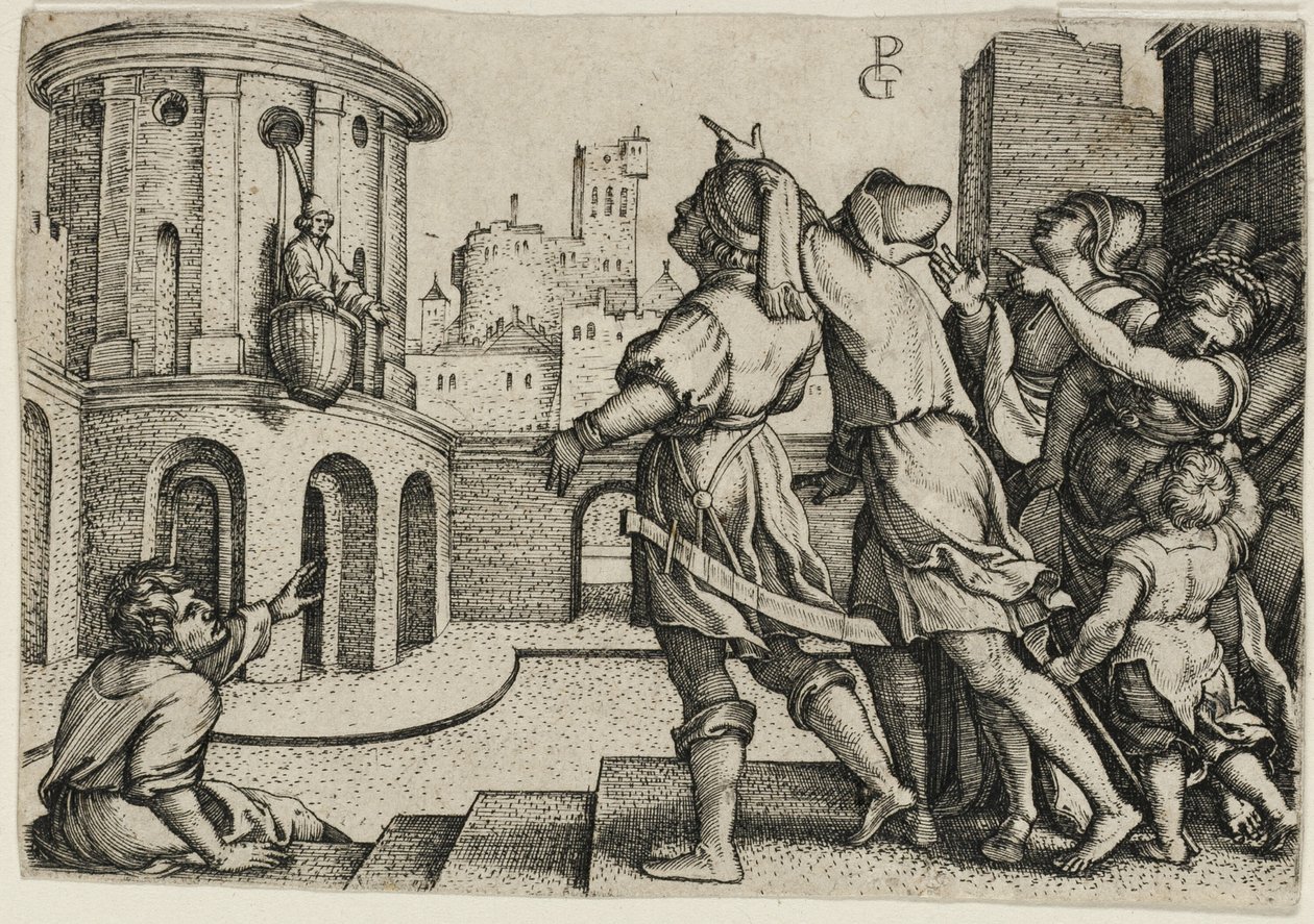Virgil Suspended in a Basket (copy) by Georg Pencz