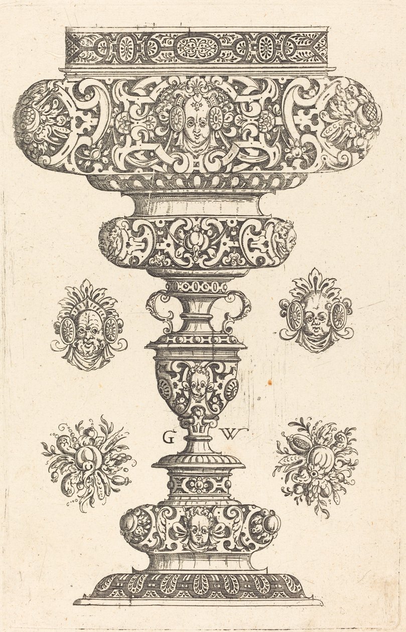 Goblet, rim decorated with masque and bouquet of fruit