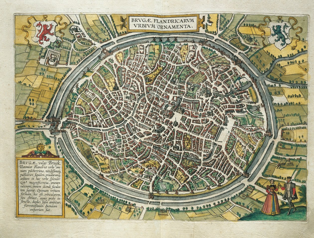 Bruges map from Civitates Orbis Terrarum, Cologne, engraving by Georg Braun and Hogenberg Franz