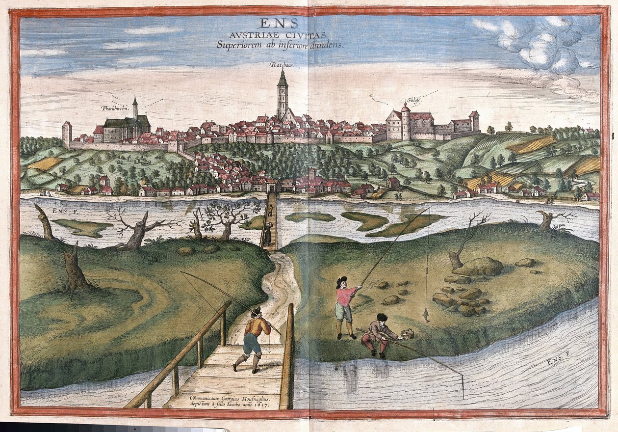Enns, Austria (engraving) by Georg Braun and Hogenberg Franz