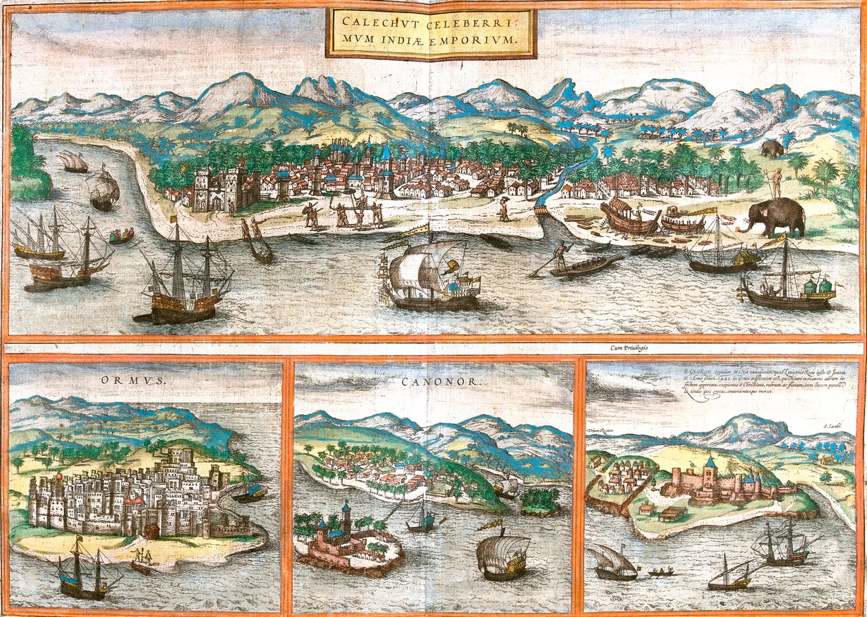 Kozhikode, Hormuz Island, Kannur, Elmina, India, Iran, Ghana by Georg and Hogenberg Franz (1535 90) Braun