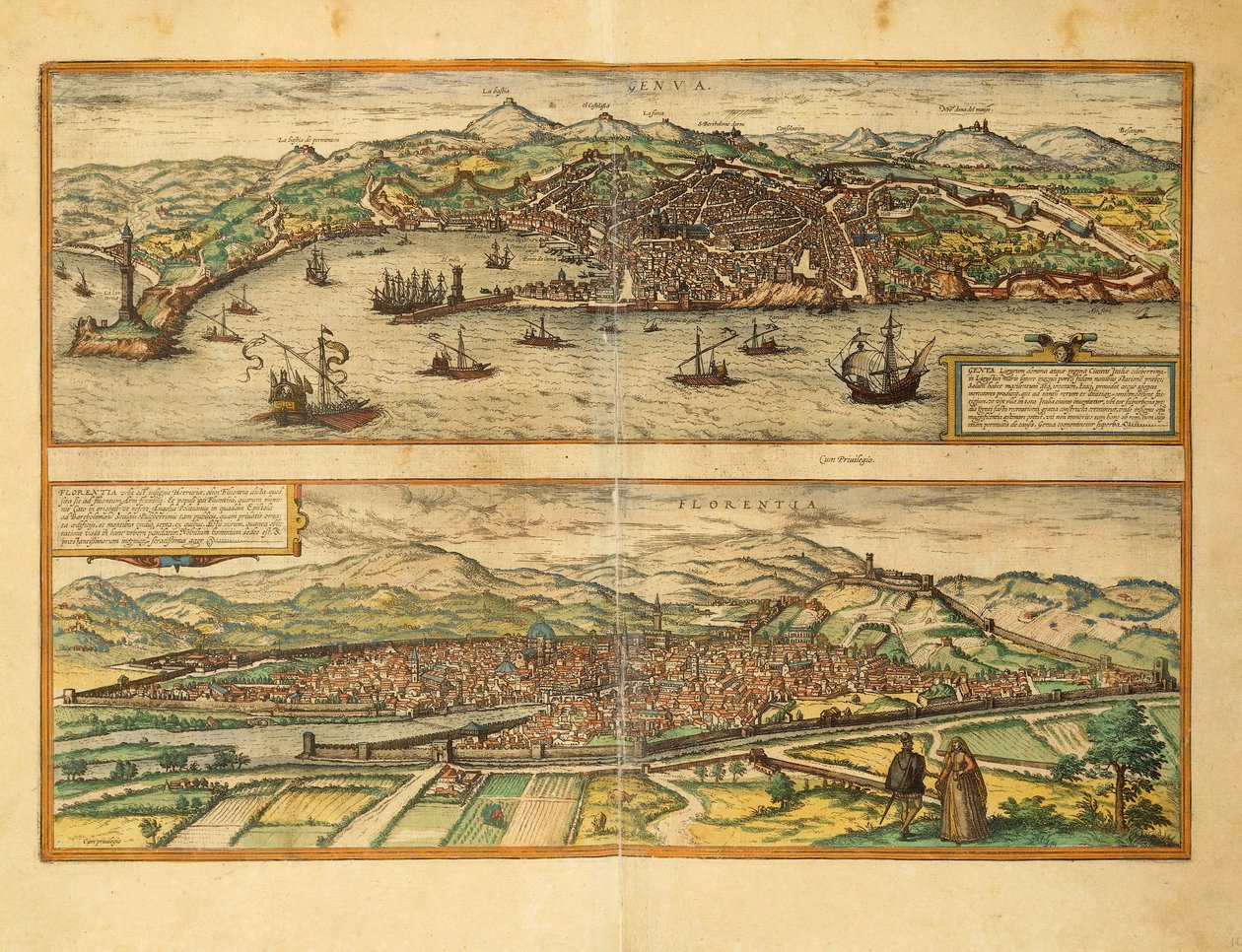 Map of Genoa and Florence from Civitates Orbis Terrarum by Georg Braun by Georg Braun and Hogenberg Franz