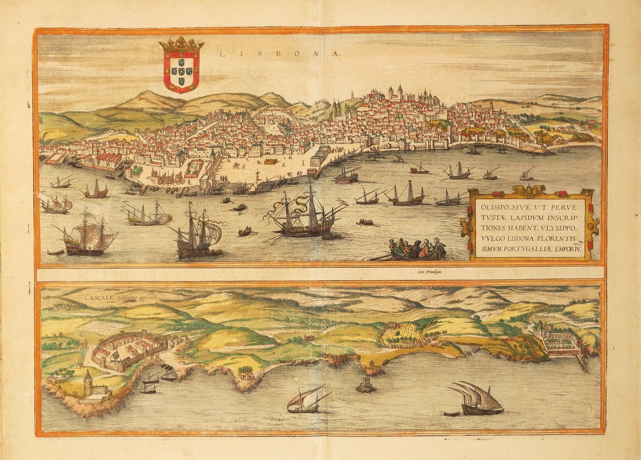 Map of Lisbon and Cascais from Civitates Orbis Terrarum by Georg Braun by Georg Braun and Hogenberg Franz