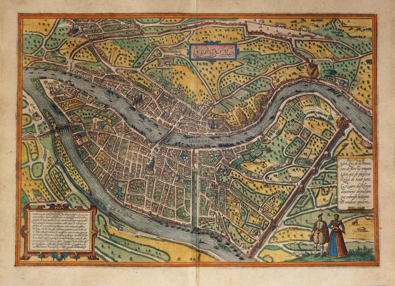Map of Lyon, France from Civitates Orbis Terrarum by Georg Braun and Hogenberg Franz
