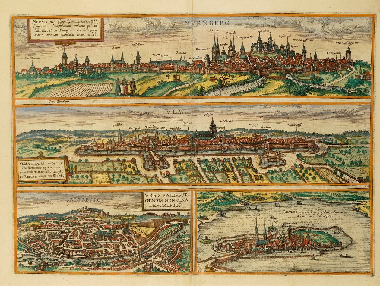 Map of Nuremberg, Ulm, Salzburg and Lindau from Civitates Orbis Terrarum by Georg Braun and Hogenberg Franz