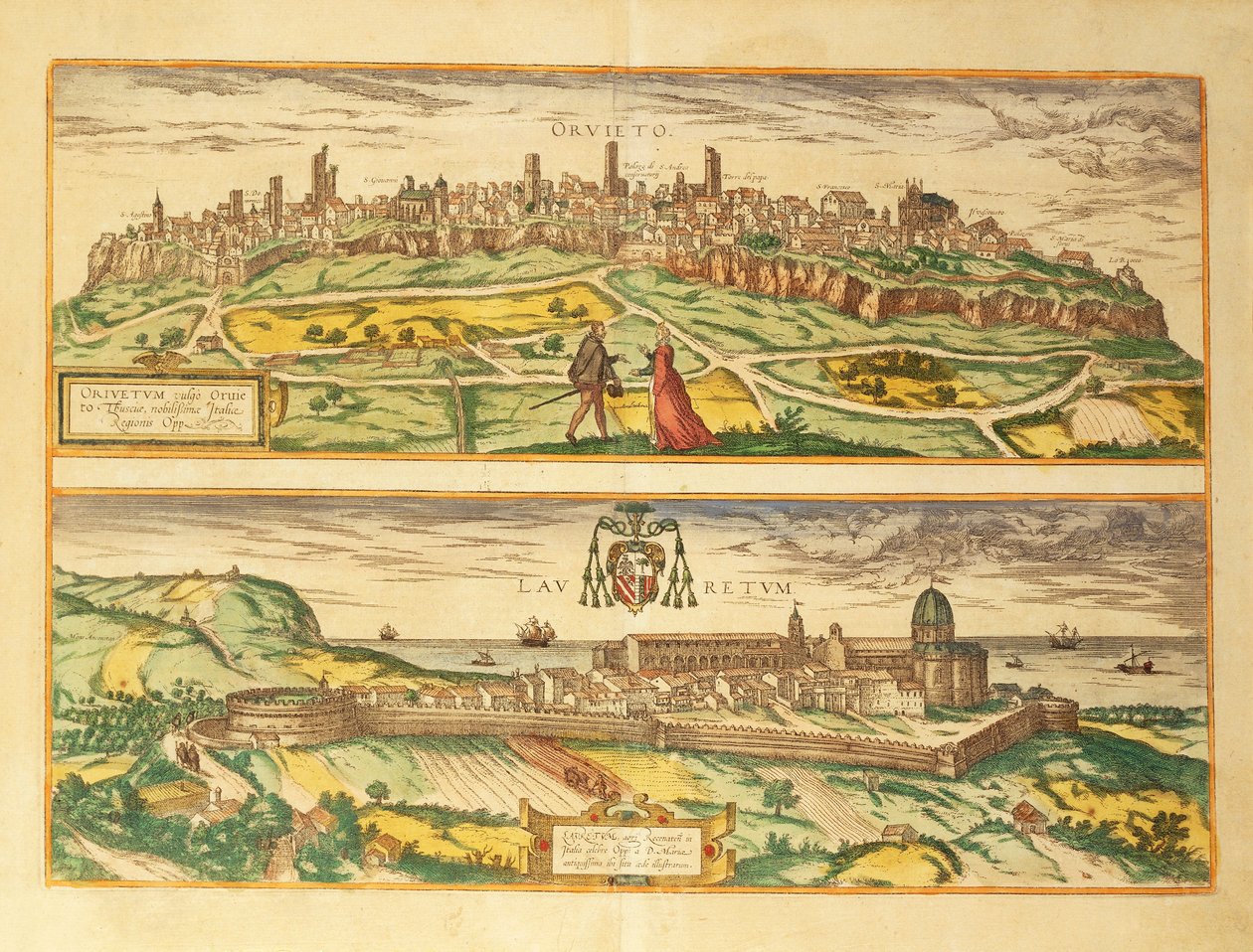 Map of Orvieto and Loreto, Umbria and Marche region by Georg Braun and Hogenberg Franz
