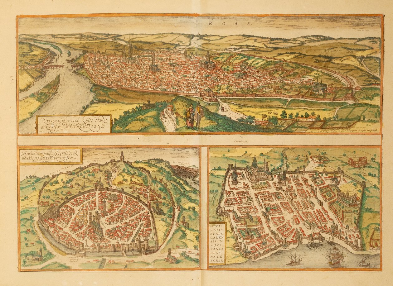 Map of Rouen, Nimes and Bordeaux from Civitates Orbis Terrarum by Georg Braun by Georg Braun and Hogenberg Franz