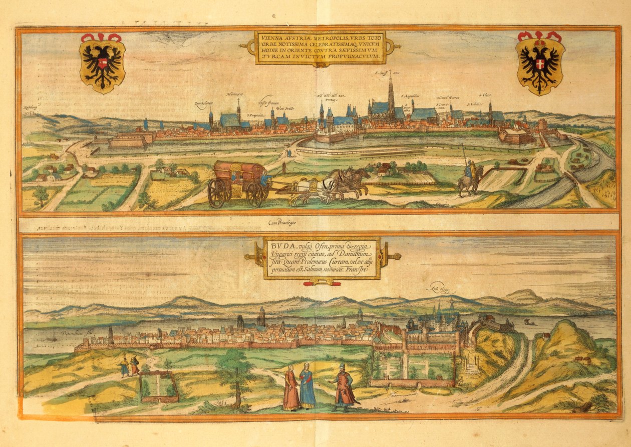 Map of Vienna and Buda from Civitates Orbis Terrarum by Georg Braun by Georg Braun and Hogenberg Franz