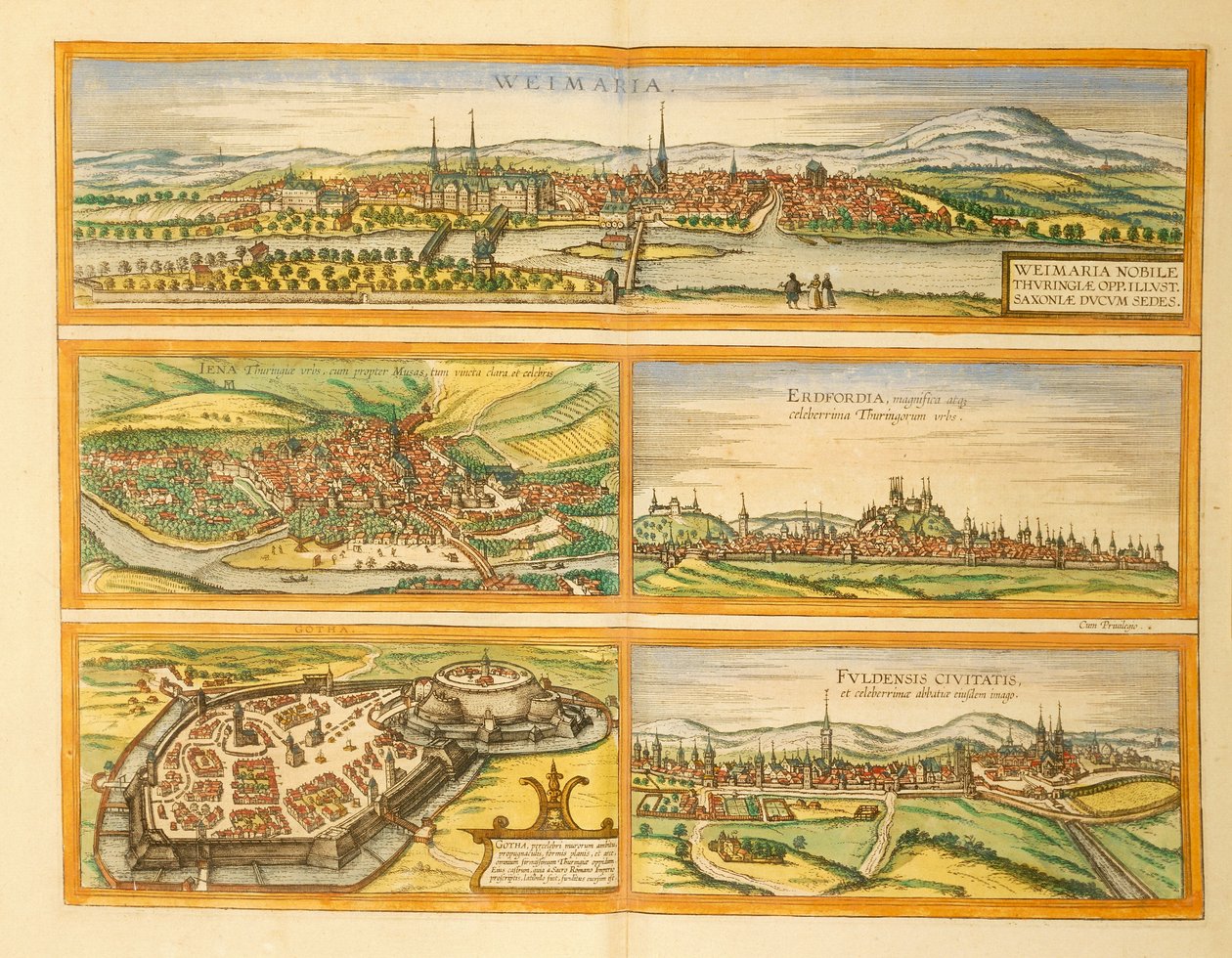 Map of Weimar, Jena, Erfurt, Gotha and Fulda from Civitates Orbis Terrarum by Georg Braun and Hogenberg Franz