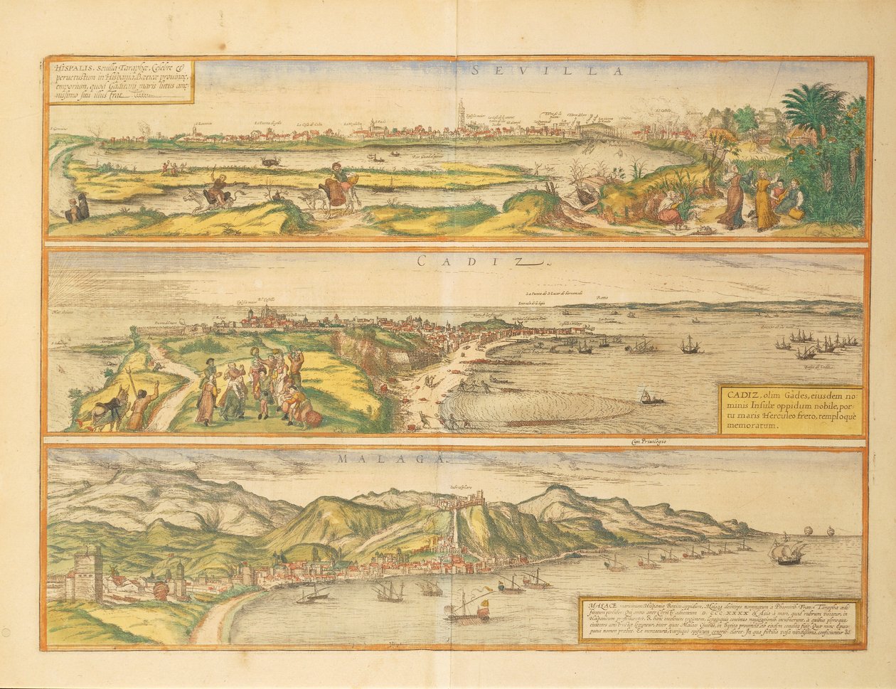 Maps of Seville, Cadiz and Malaga, Spain, from Civitates Orbis Terrarum by Georg Braun and Hogenberg Franz