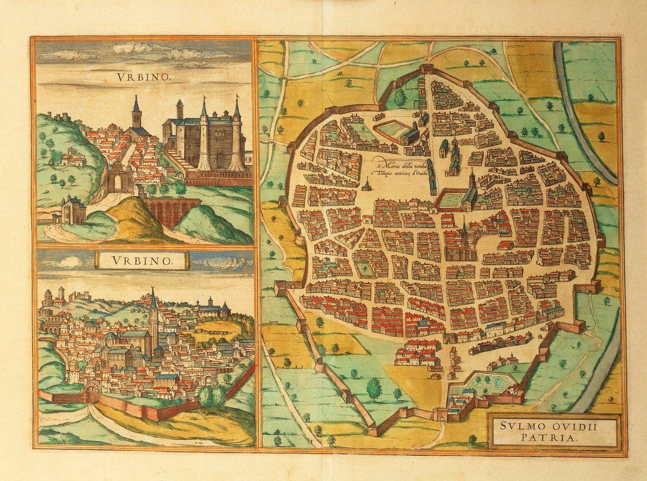 Maps of Urbino and Sulmona, Abruzzo and Marches regions, Italy, from Civitates Orbis Terrarum by Georg Braun by Georg Braun and Hogenberg Franz