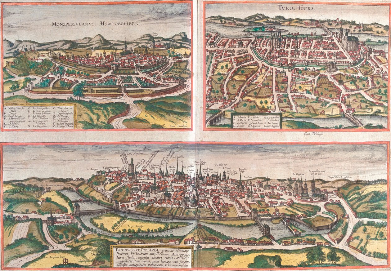 Montpellier, Tours, Poitiers, France by Georg and Hogenberg Franz (1535 90) Braun