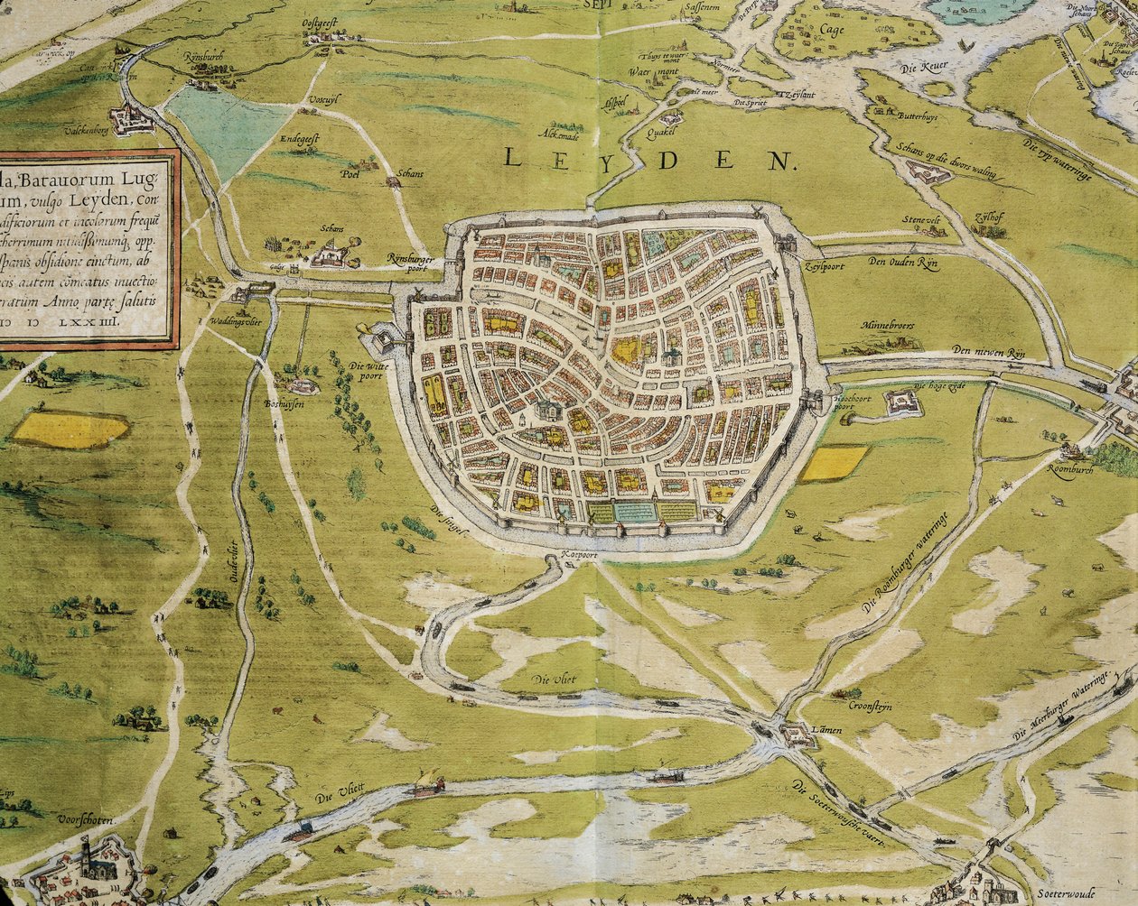 Map of Leiden city and region from Civitates Orbis Terrarum by Georg Braun and Franz Hogenberg, Cologne, engraving by Georg Braun and Hogenberg Franz