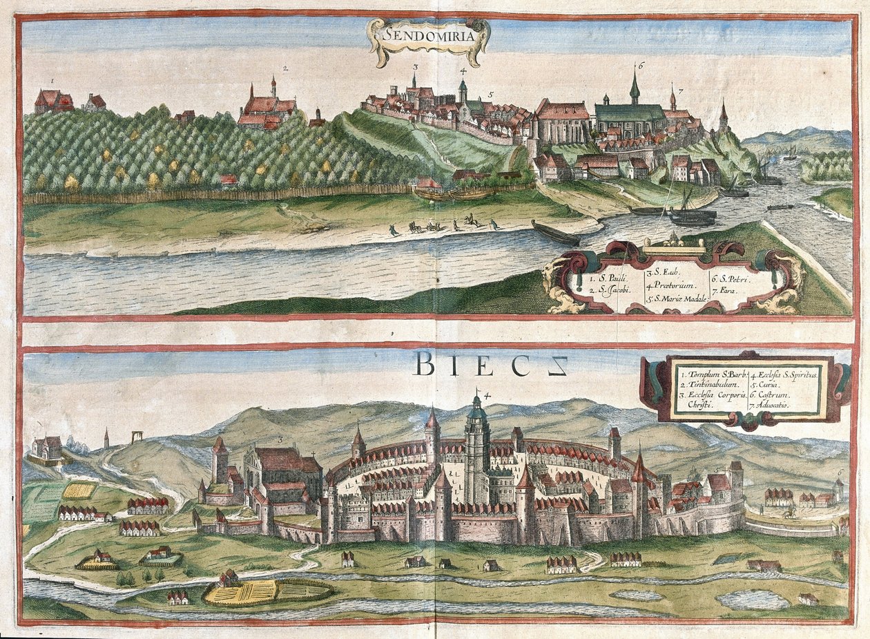 Sandomierz and Biecz, Poland by Georg Braun and Hogenberg Franz