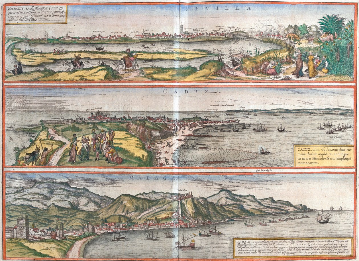 Seville, Cadiz, Málaga, Spain by Georg and Hogenberg Franz (1535 90) Braun