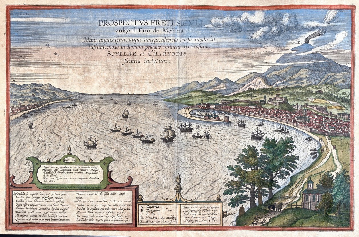 The Detroit of Messina, between Sicily and Calabria, Italy (engraving) by Georg Braun and Hogenberg Franz