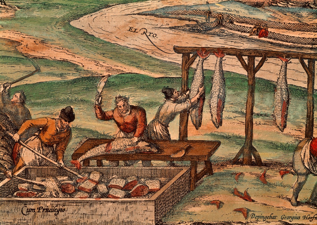 Tuna processing, scene from Civitates Orbis Terrarum by Georg Braun and Hogenberg Franz