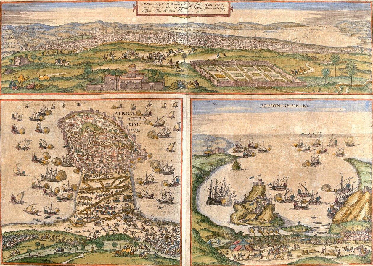 Tunis, Mahdia, Peñón de Vélez de la Gomera, Tunisia, Spain, Morocco by Georg and Hogenberg Franz (1535 90) Braun