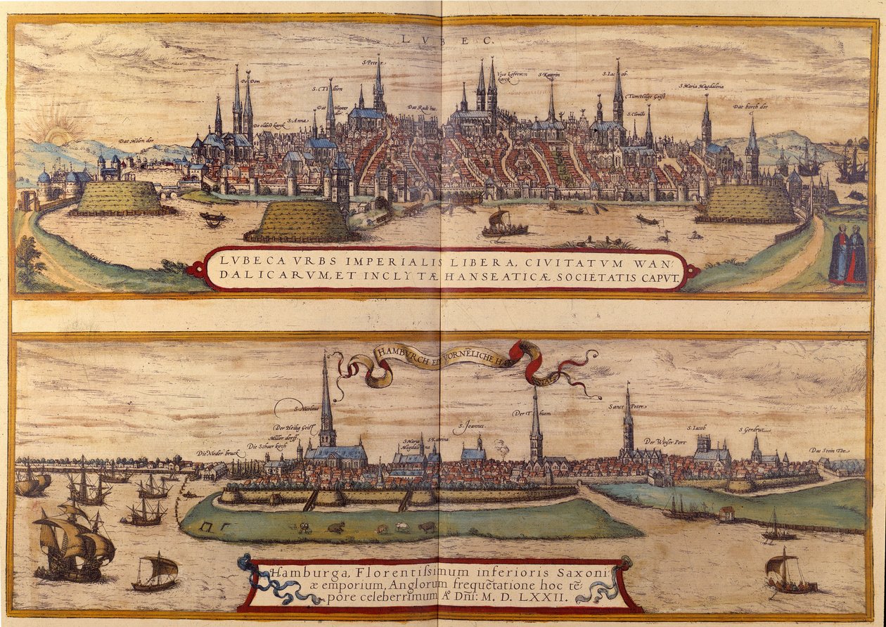 Top View of the City of Lubeck, Below the City of Hamburg in Germany. Engraving from the Atlas of "Braun and Hogenberg" 1572 by Georg Braun and Hogenberg Franz