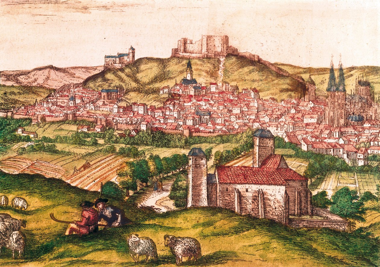 City of Burgos in Spain with shepherds and herd of sheep in the foreground (1576). Engraving in Civitatis Orbis Terrarum by Georg Braun and Hogenberg Franz