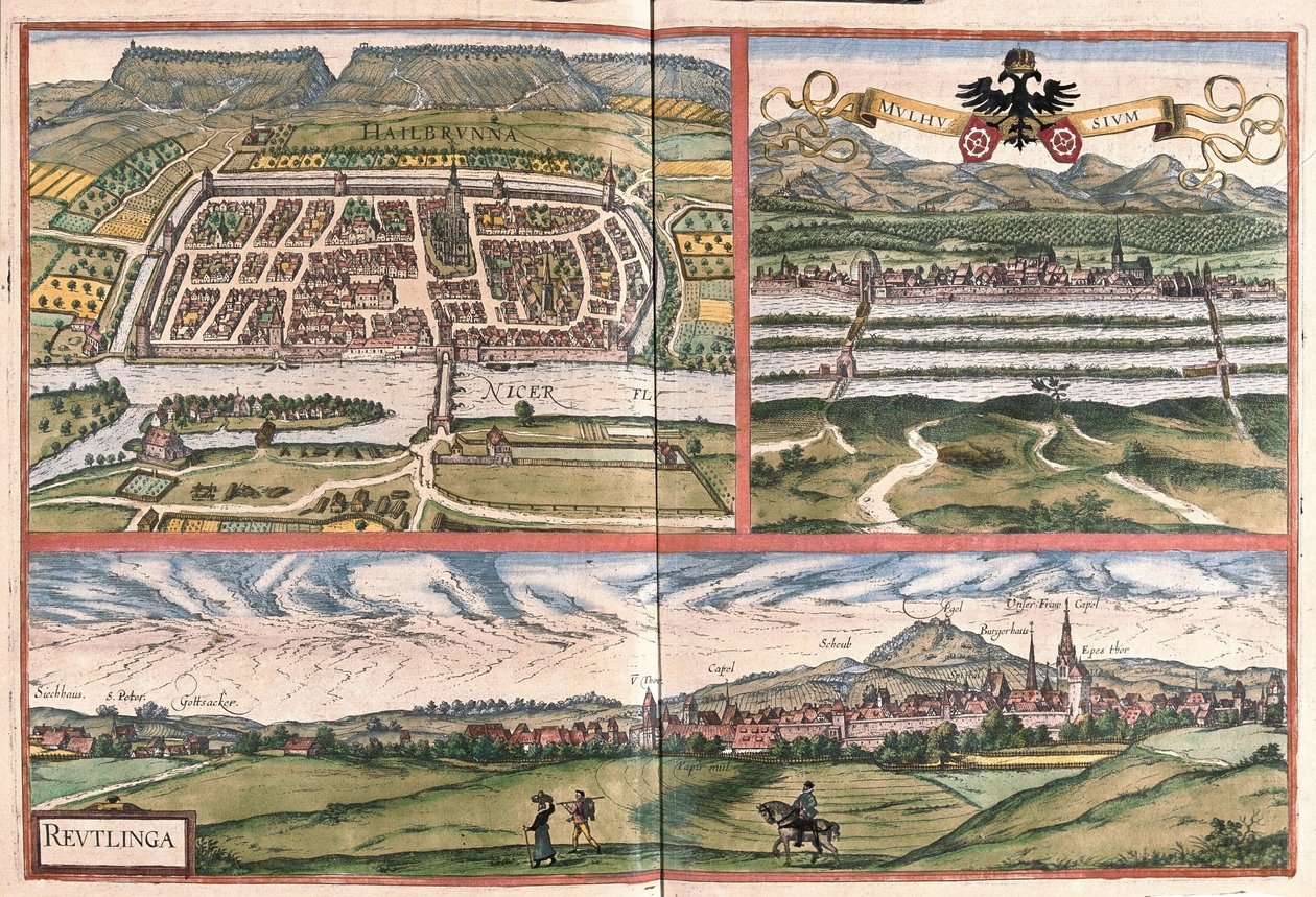 Heilbronn (Germany), Mulhouse (France) and Reutlingen (Germany) by Georg Braun and Hogenberg Franz