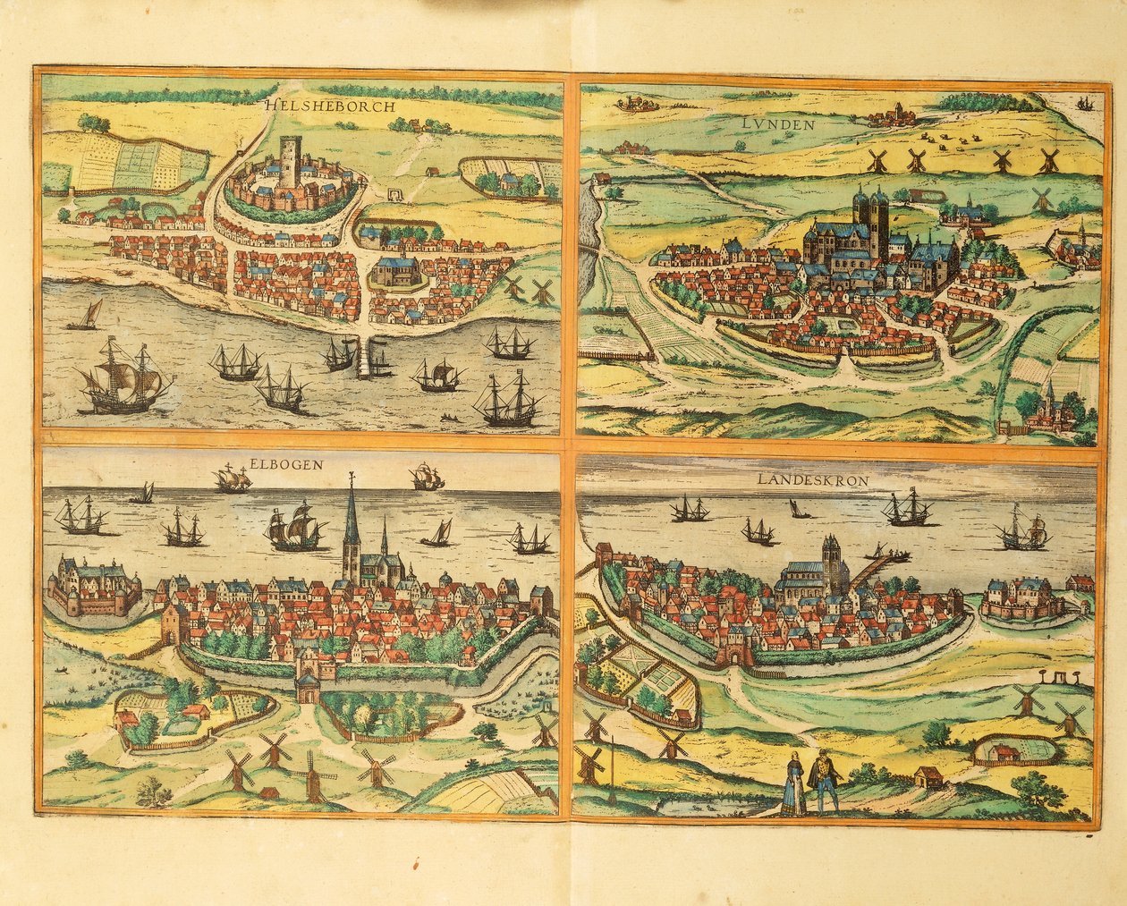 Helsingborg, Lund, Malmo, Elbogen and Landskrona, from Civitates Orbis Terrarum, Cologne by Georg Braun and Hogenberg Franz