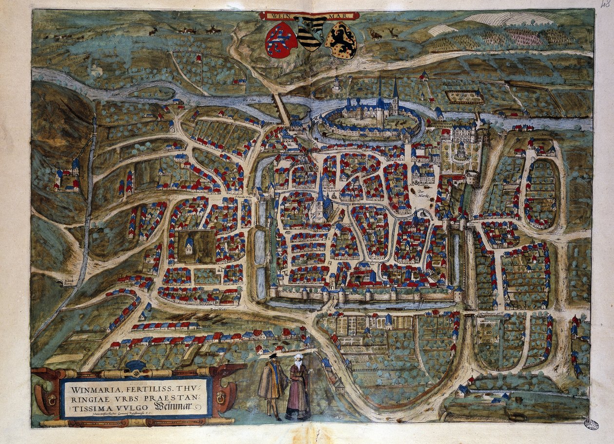 Map of the German City of Weimar. Engraving from the Atlas of 
