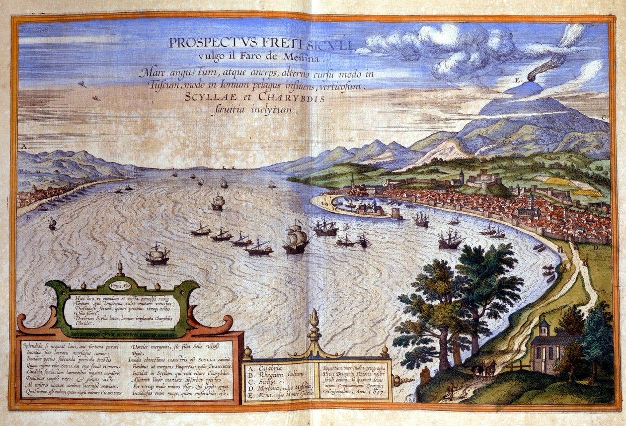 The Strait of Messina - Calabria on the Left, Messina and Etna on the Right in Sicily. Atlas de Braun and Hogenberg by Georg Braun and Hogenberg Franz