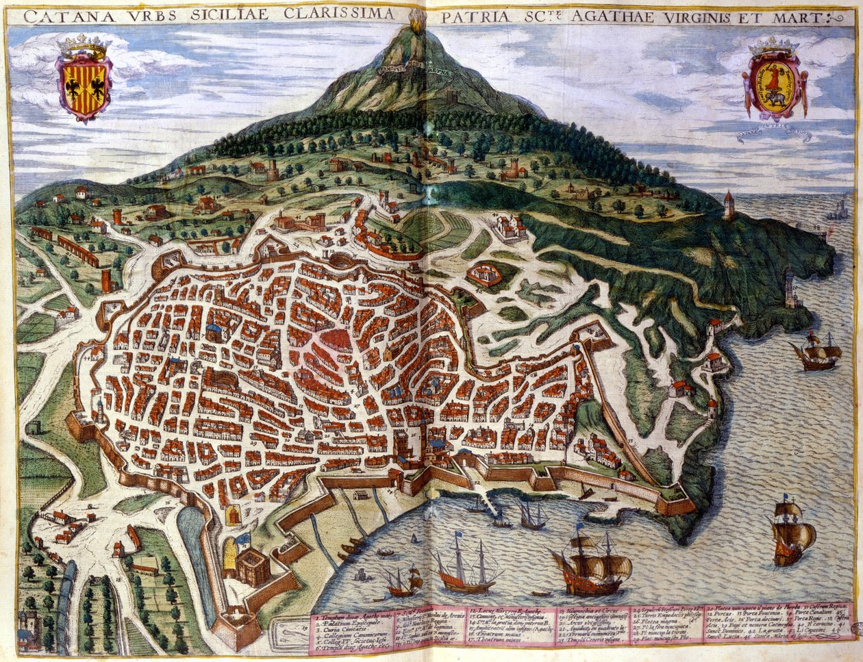 View of Catania and Etna in Sicily. Atlas of Braun & Hogenberg. 1585, Amsterdam by Georg Braun and Hogenberg Franz