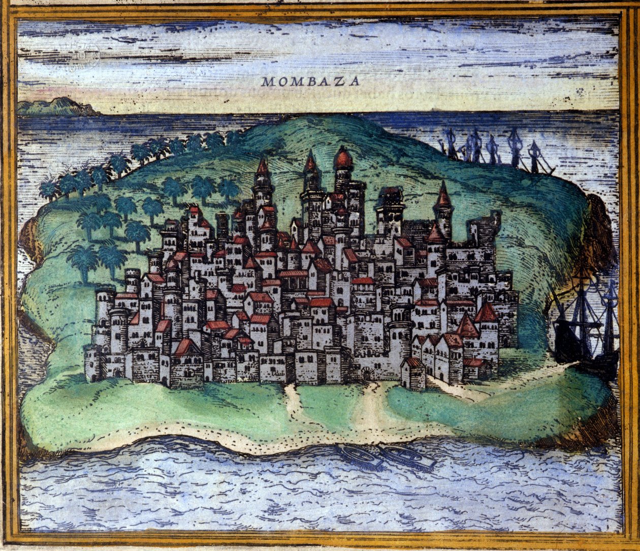 View of Mombasa, Kenya in the 16th century by Georg Braun and Hogenberg Franz