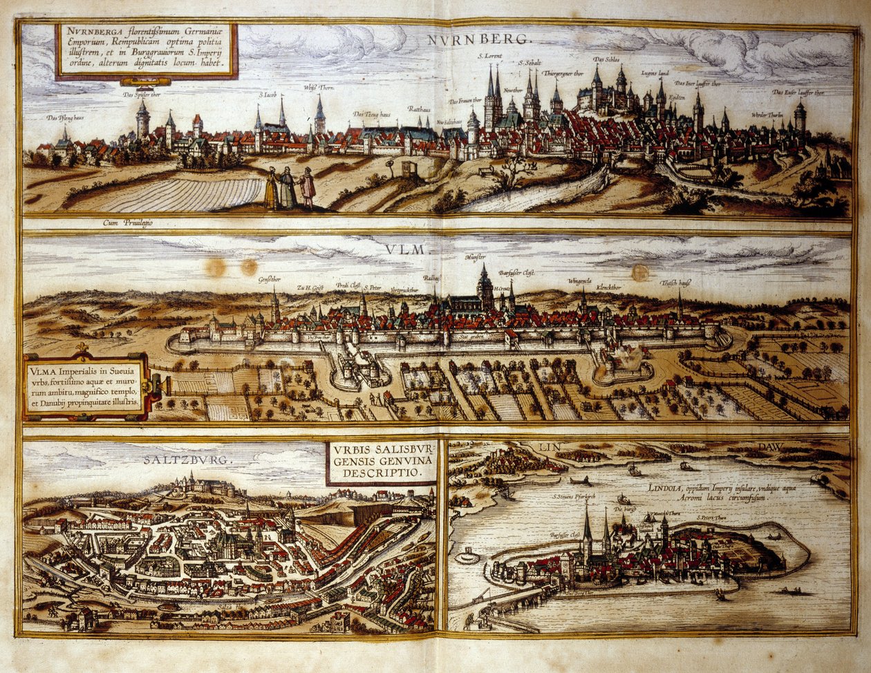 View of the German Cities of Nuremberg and Ulm, Salzburg, Austria. Engraving from the Atlas of 