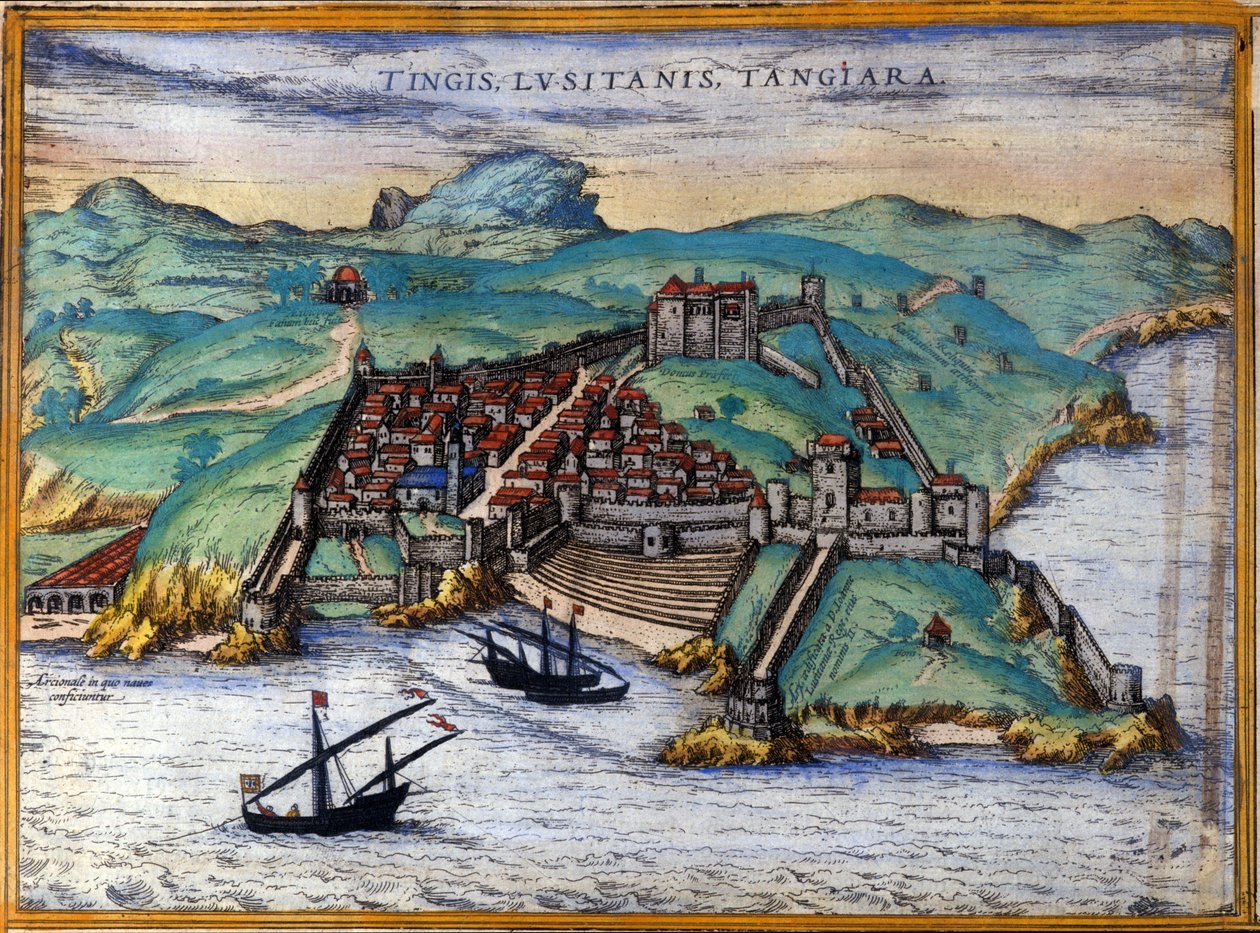 View of the Fortified City of Tangier and the Coast, Morocco. Three Ships Anchored Near the Coast. In 