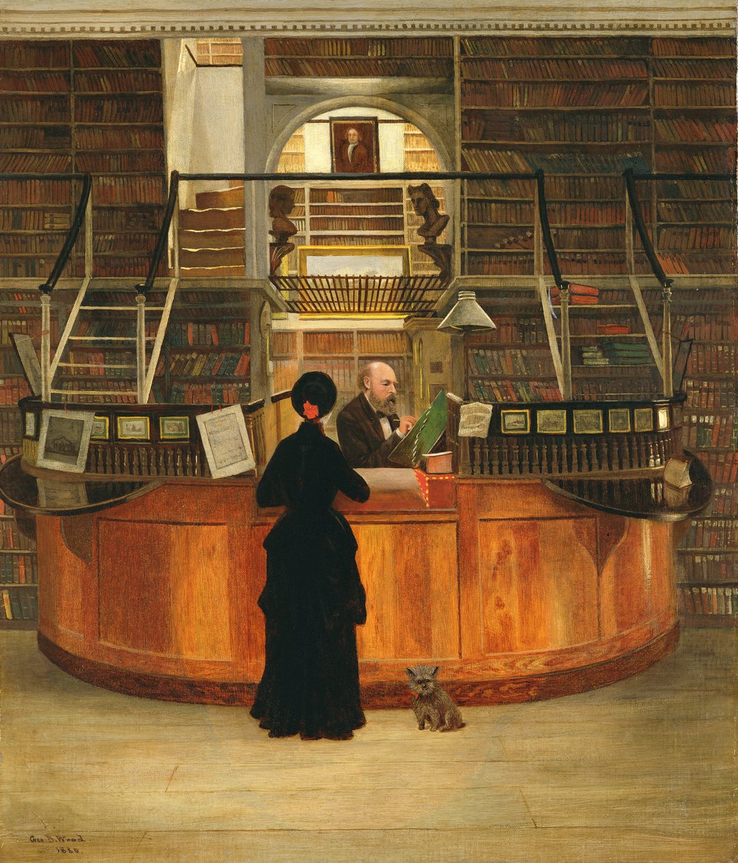 The interior of the Logan Library Philadelphia, with the librarian Lloyd Pearsall Smith at his desk, 1880 by George Bacon Wood