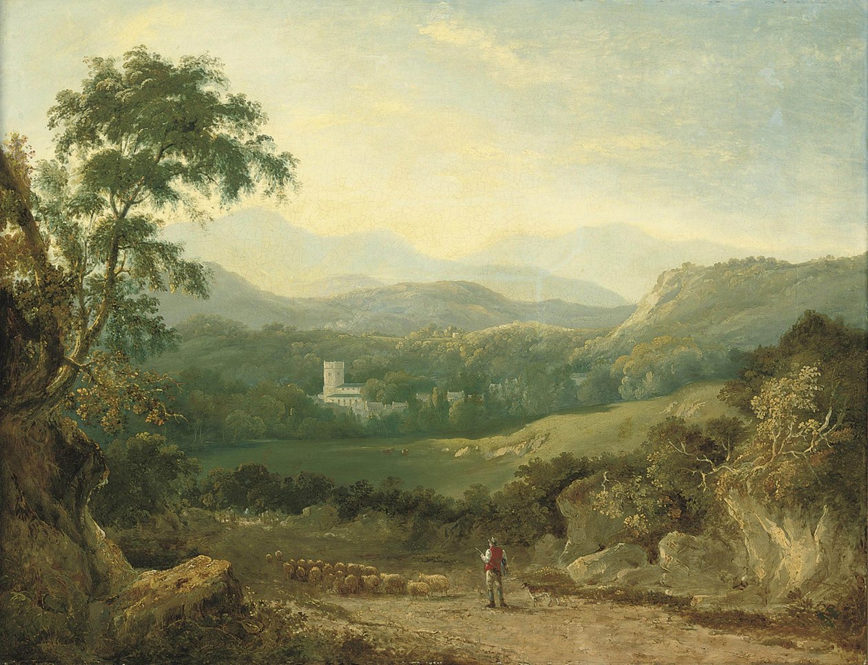 Mountainous Landscape near Porthmadog with Shepherd, Flock, Collie, Traveller, Cows, and Village by George Barret