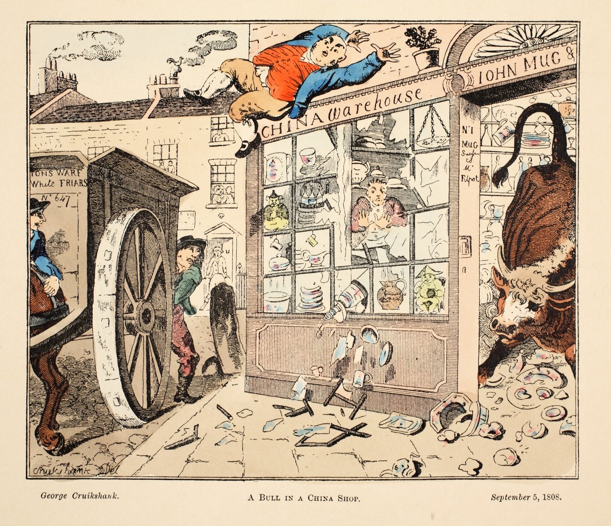 A Bull in a China Shop, pub. 1808 by George Cruikshank