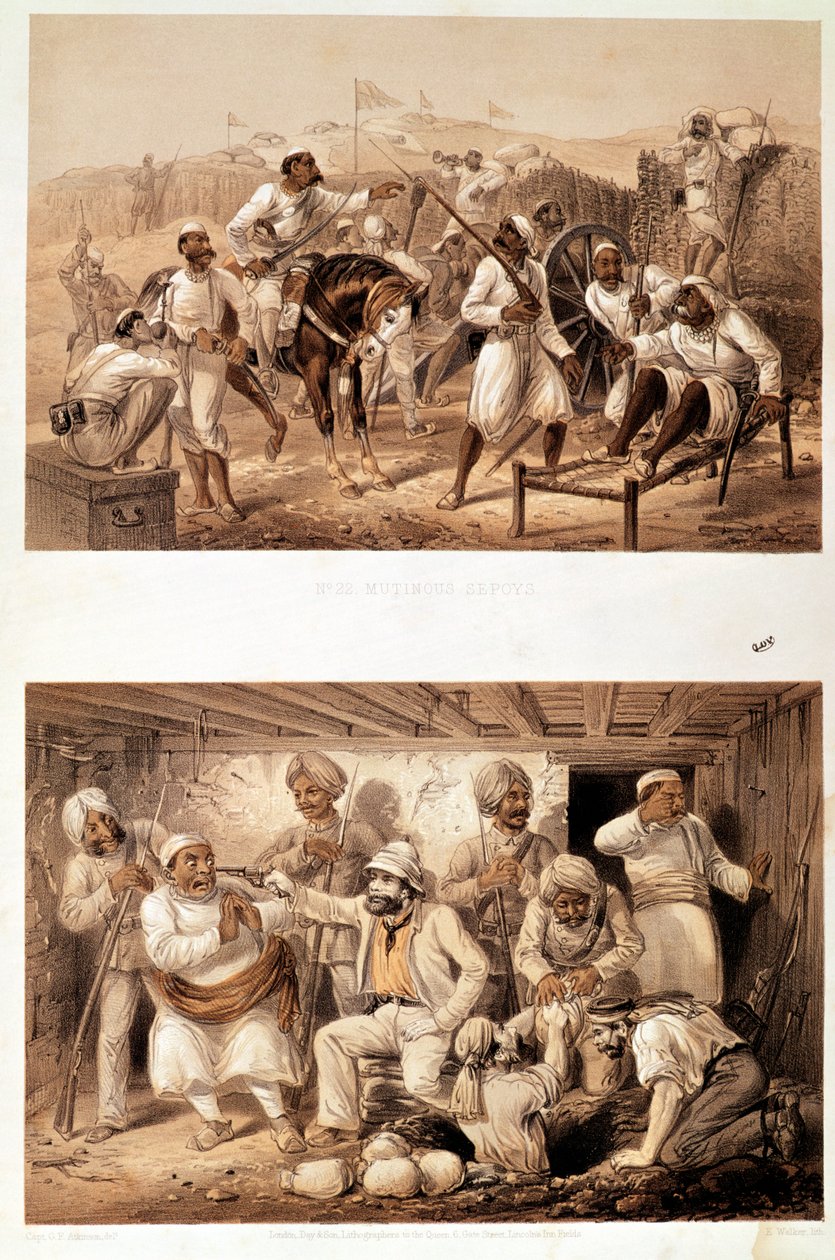 Two scenes of the Indian Mutiny in 1857 depicting mutinous sepoys and an English agent extracting treasure after the occupation of Delhi by George Francklin Atkinson