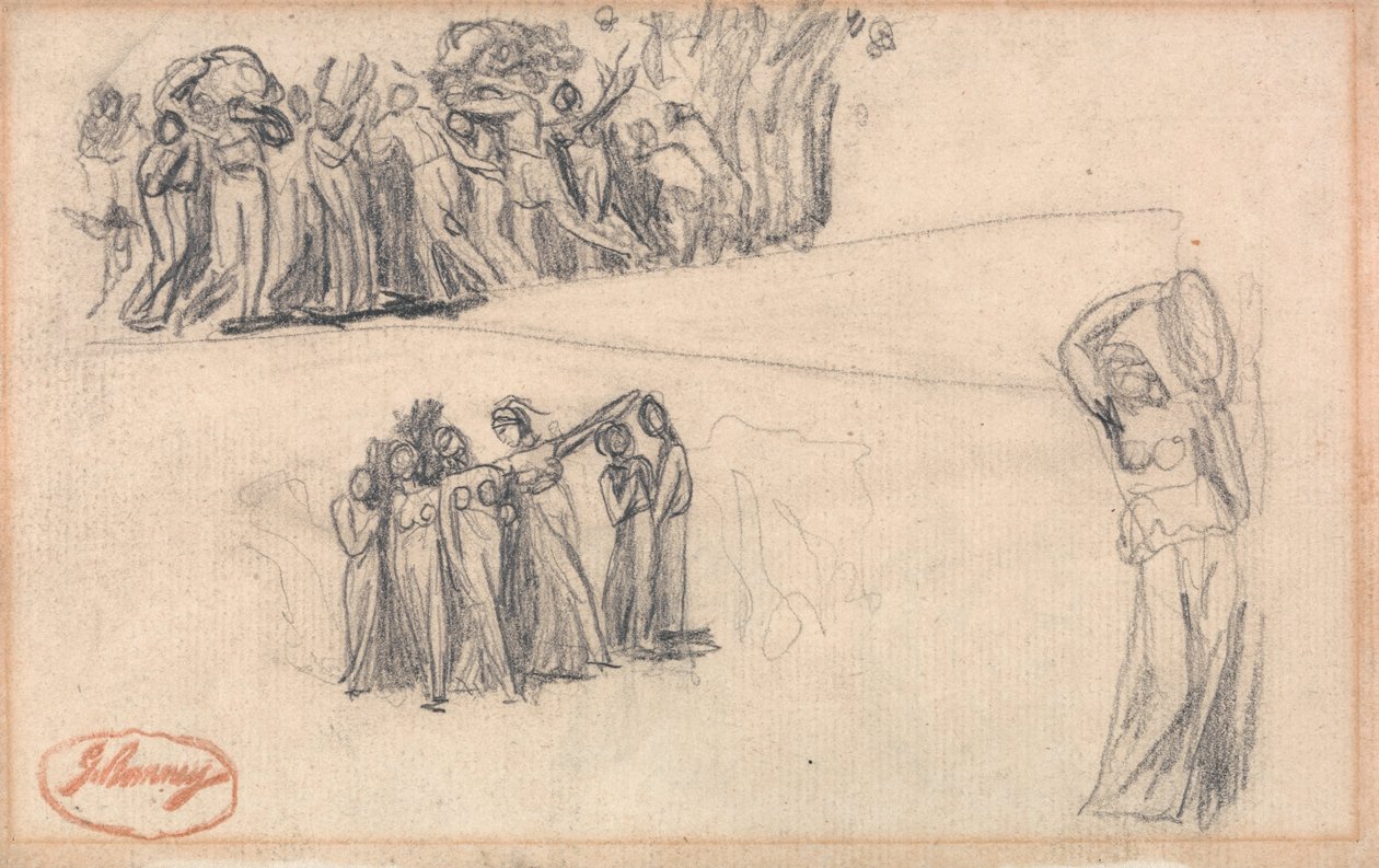 Two Sketches of Women and Children Fleeing and Standing Female Figure Playing Tambourine by George Romney
